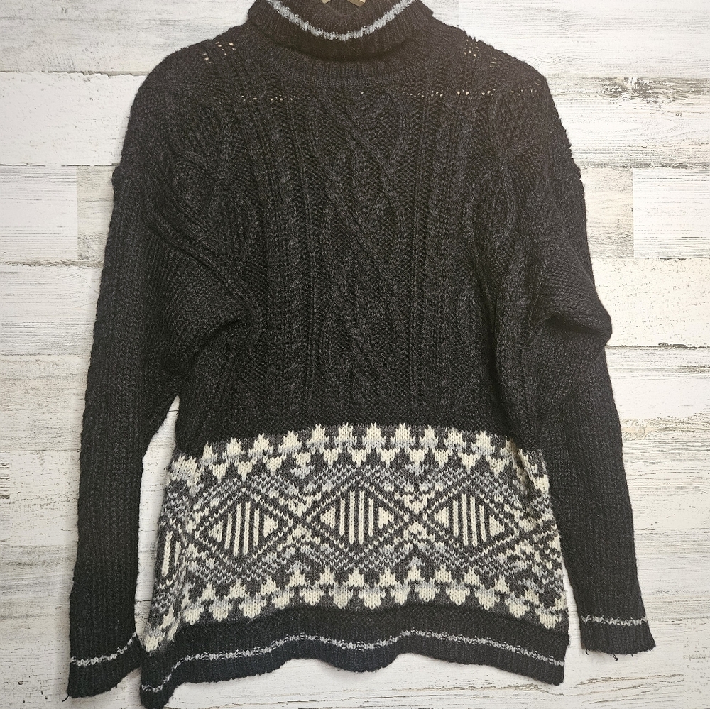 Vintage Lizwear Black Wool Blend Nordic Pattern Sweater Womens Small